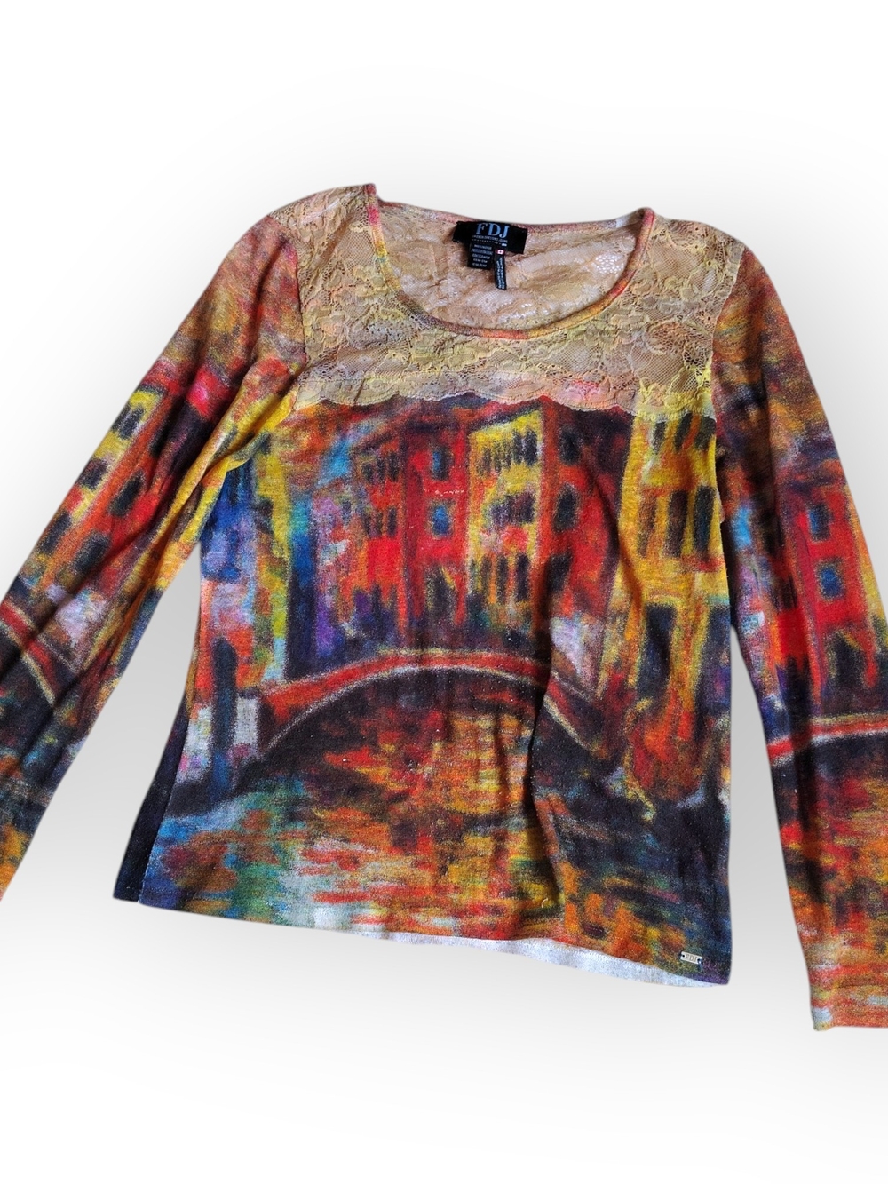 FDJ Lace Yoke Multicolor Long Sleeve Tee - Picture 1 of 3